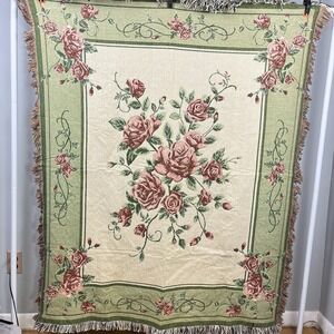 Cottagecore Rose Floral Flower Tapestry Throw Blanket Shabby Chic Cozy